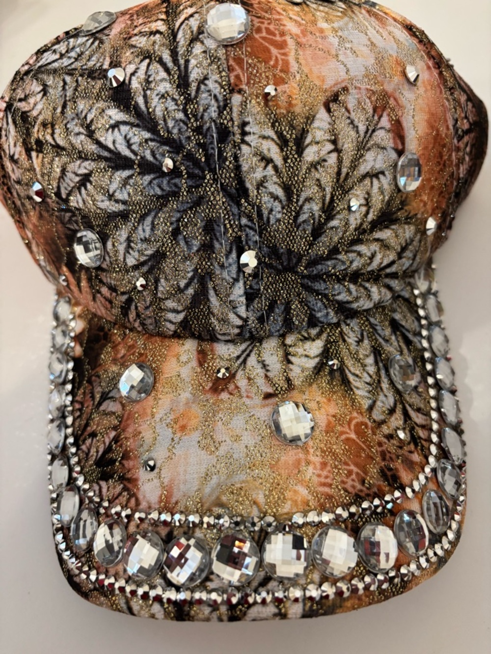 Embellished Pink, Blue, Brown and Green Floral Crystal Baseball Cap.